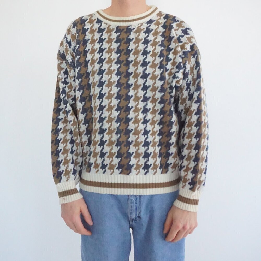 Penns Landing Vintage Brown Blue Houndstooth Knit Preppy Grandpa Sweater Large